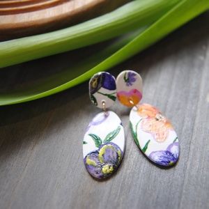 Oval dangle hand painted pansy earrings made from polymer clay